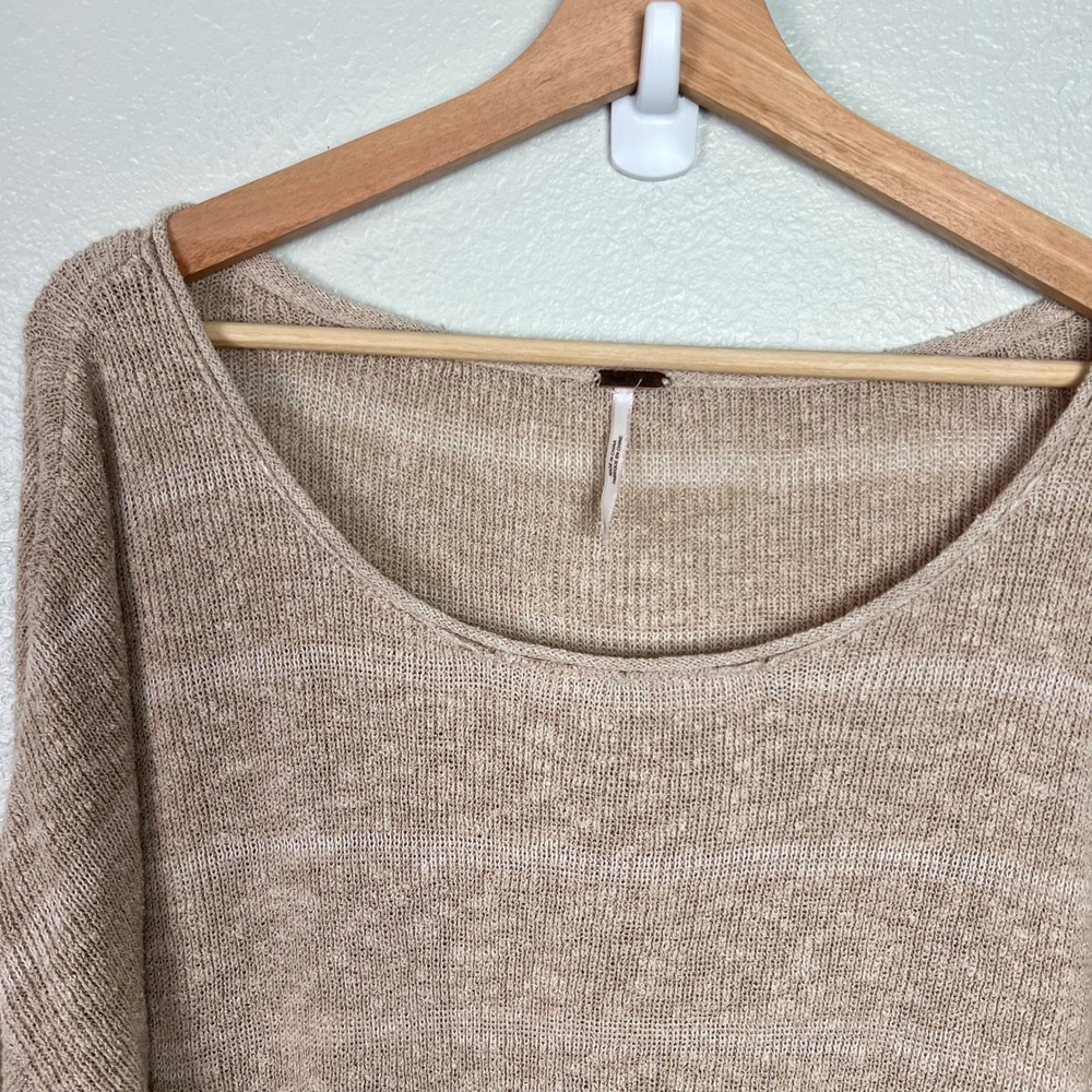 Free People Womens Oversized Tunic Sweater Tan Striped Scoop Neck Large Slouchy - Picture 2 of 10